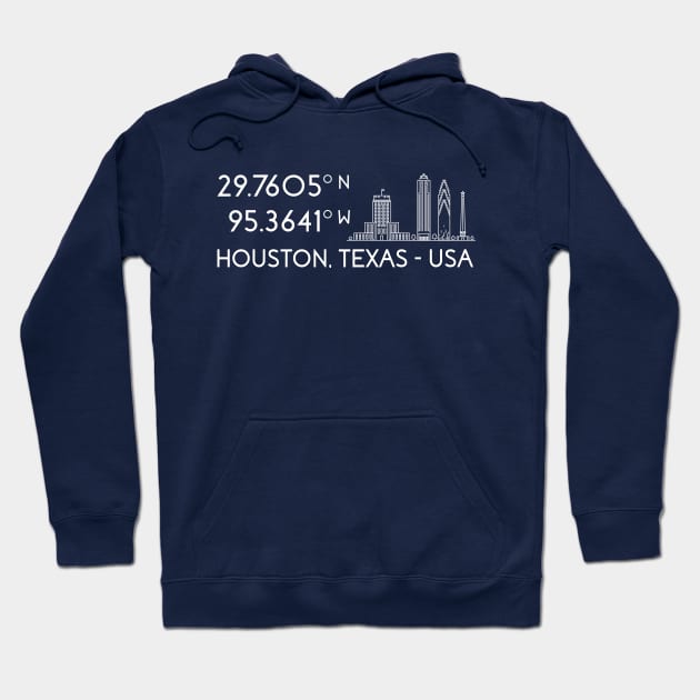 Houston Map Coordinates (latitude and longitude) focused on Chase Tower - white text + image Hoodie by AtlasMirabilis